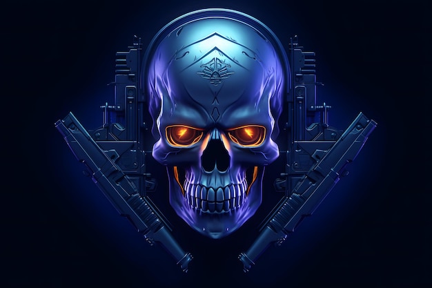 Blue punk cyber human skull with weapon neural network ai generated