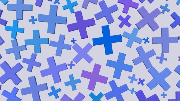 Blue and purple crosses, colorful patter. Abstract illustration, 3d render.