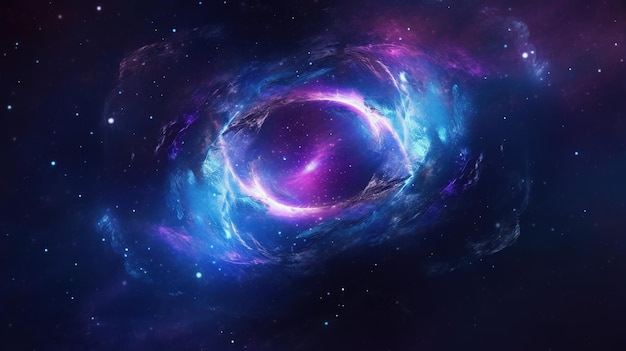 A blue and purple galaxy with a black hole in the center.