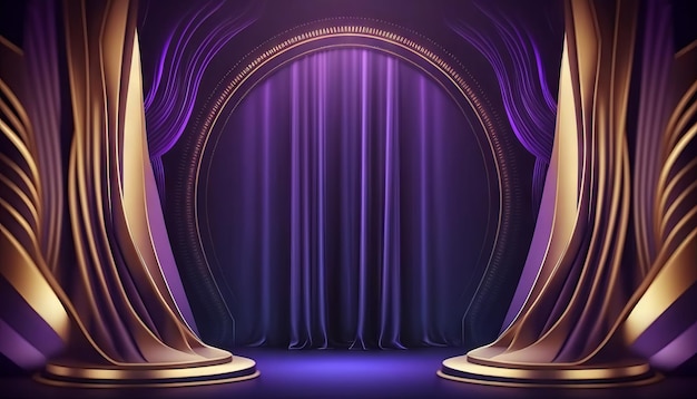 Blue purple Golden Curtain Stage Award Background Trophy on Red Carpet Luxury Background Generative ai