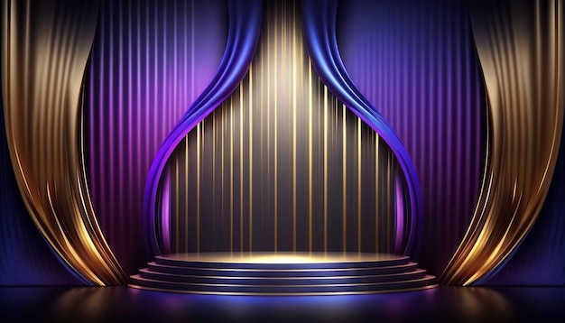 Blue purple Golden Curtain Stage Award Background Trophy on Red Carpet Luxury Background Generative ai