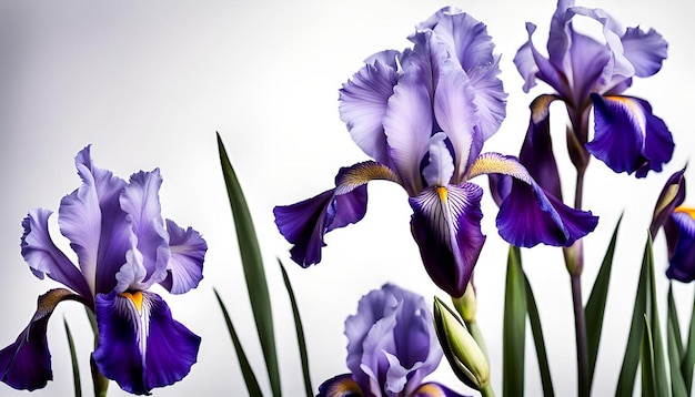 Blue and purple irises on white background