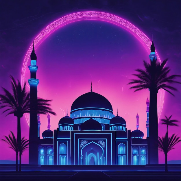 A blue and purple Islamic poster with a mosque in the middle