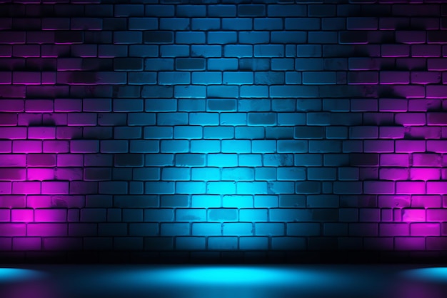 A blue and purple light on a brick wall