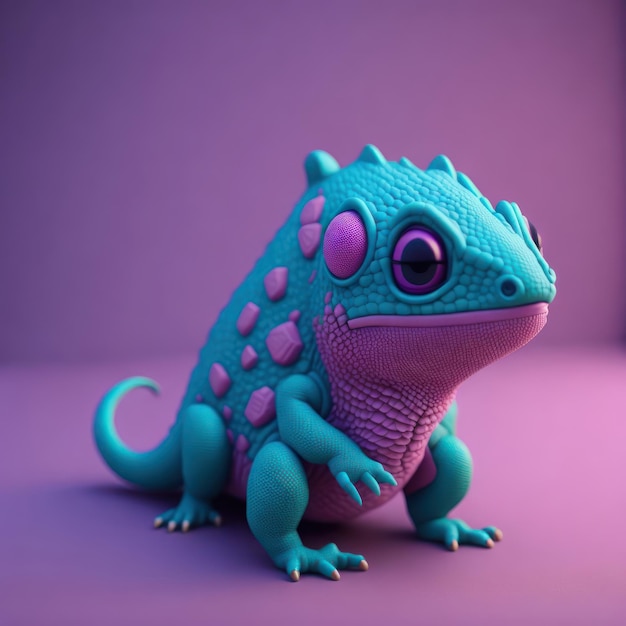 A blue and purple lizard with purple eyes is standing on a purple background.