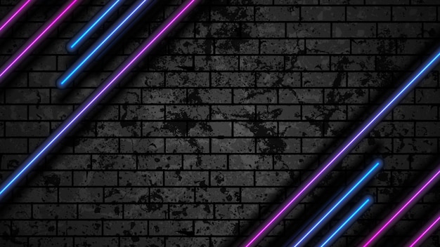 Blue purple neon technology lines on brick grunge wall