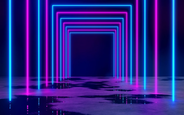 Blue and Purple Neon Tube Lights in The empty dark room 3D Rendering Illustration background