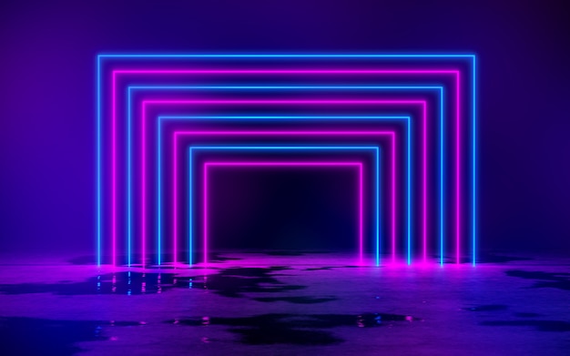 Blue and Purple Neon Tube Lights in The empty dark room 3D Rendering Illustration background