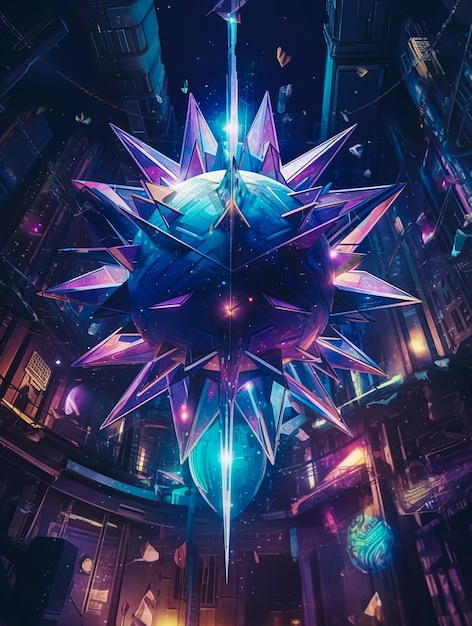 A blue and purple poster with a giant robot with a blue light on it