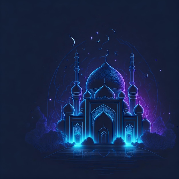 A blue and purple poster with a mosque in the middle