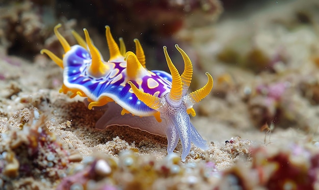 a blue and purple seahorse is on the sand