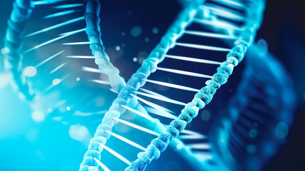 Blue purple vertical dna helix with parts of it scattered around over light blue background