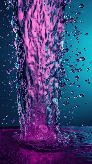 A blue and purple water fountain with the word water on it.