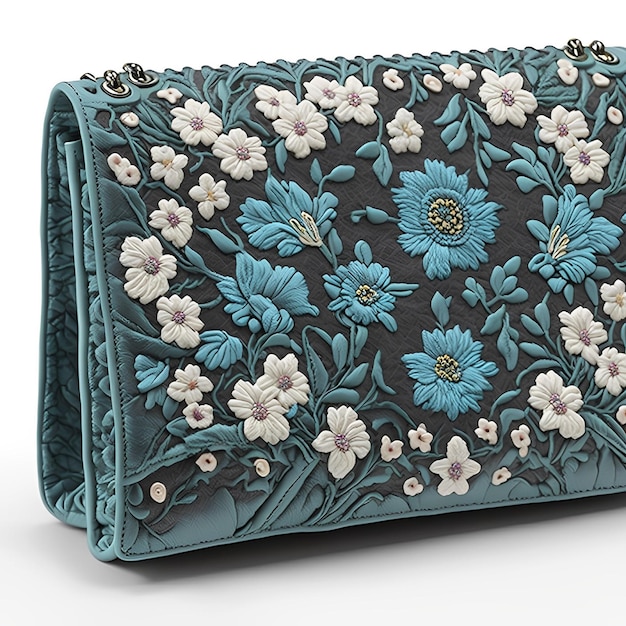 A blue purse with a floral pattern on it.