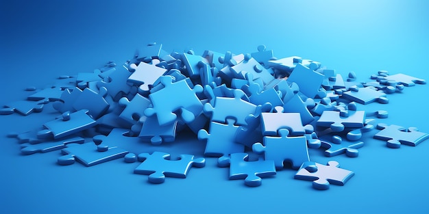 Blue puzzle pieces on blue background with copy space