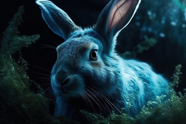 Blue rabbit portrait in the forest illustration generative ai