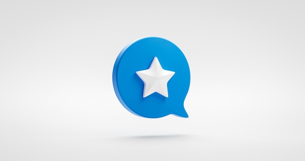 Blue rating star icon sign or review success award symbol illustration graphic element design isolated on white customer experience badge background with speech bubble rate concept. 3D rendering.