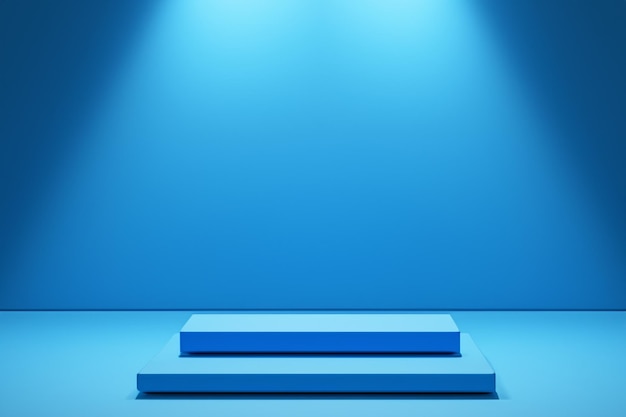 Blue rectangle podium on blue background with spotlights pedestal for product display 3D rendered