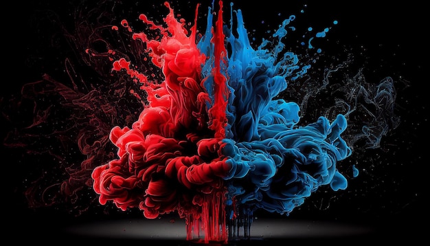 Blue and red acrylic colors in water Ink smear Generative AI on an abstract black background