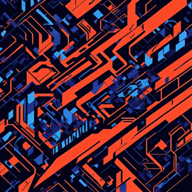 A blue and red background with a circuit board and a circuit board.