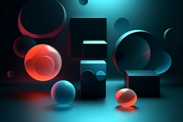 A blue and red background with a cubes and balls