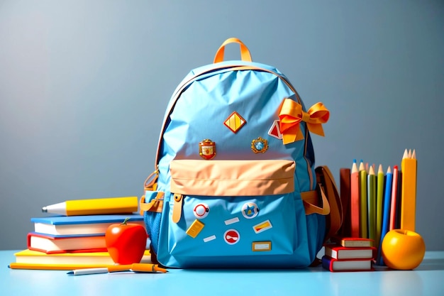 A blue and red backpack sits on a table next to a book and some elements