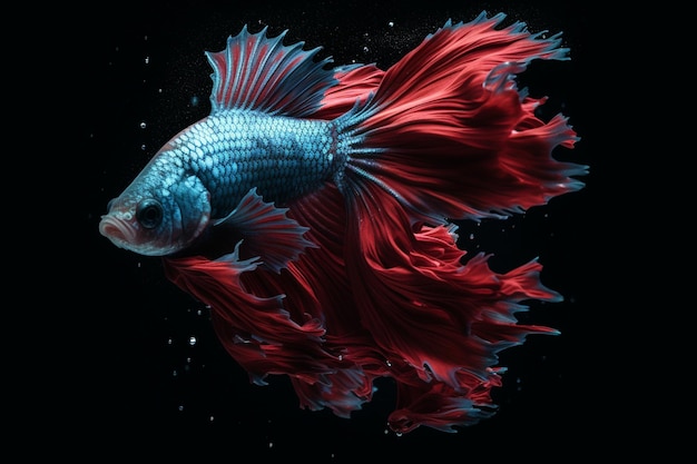 A blue and red betta fish with a black background