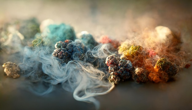 Blue and red cloud splashes of magic dust with smoke on a white background