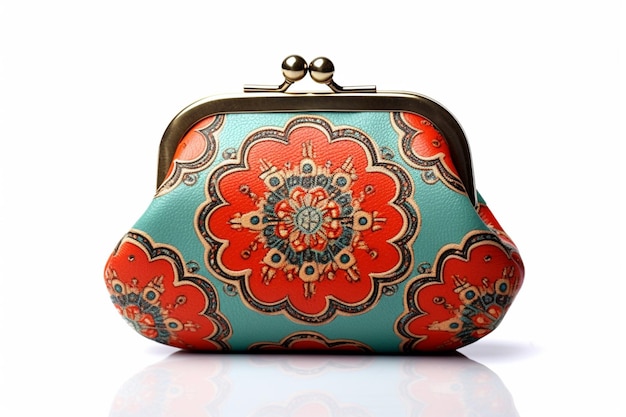 A blue and red clutch with a floral pattern.