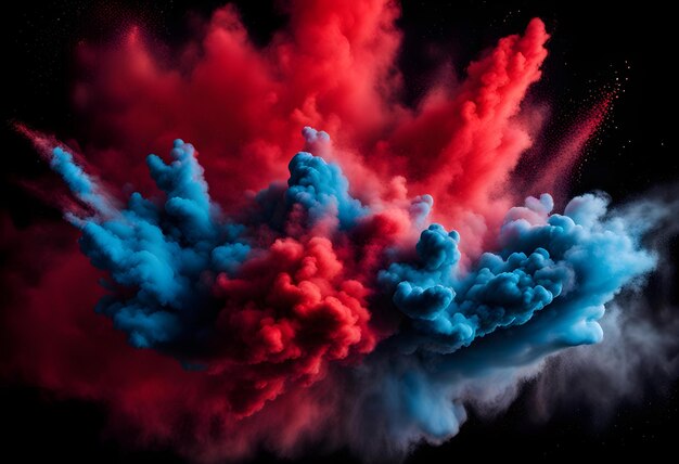 Blue and Red color powder explosion on black background