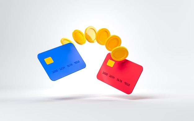 Blue and red credit cards on a isolated background Concept of Money coins transfer