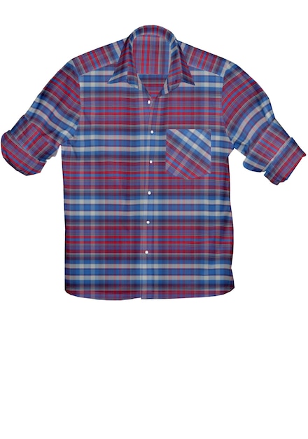 A blue and red plaid shirt hangs on a white background.