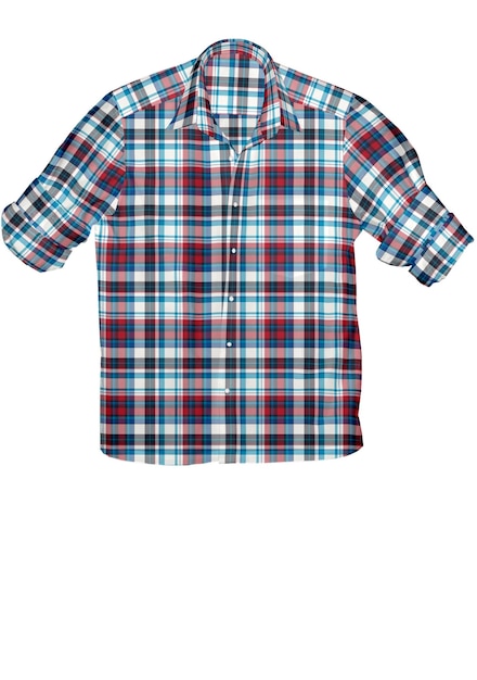 A blue and red plaid shirt with a white background