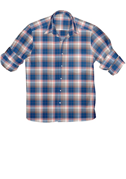 A blue and red plaid shirt with the word " on it "