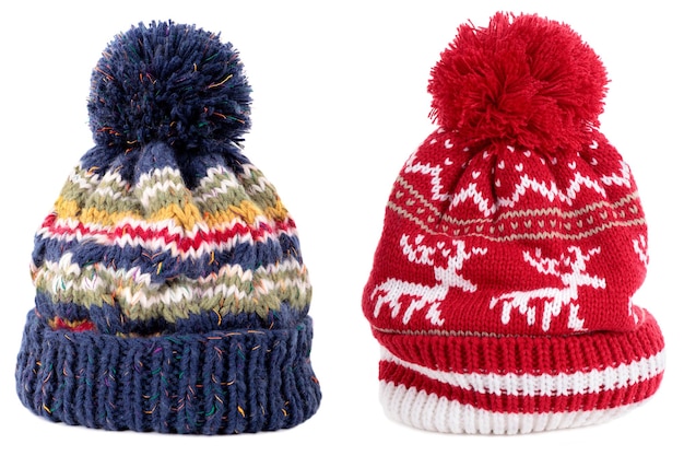 Blue red reindeer winter bobble ski hat