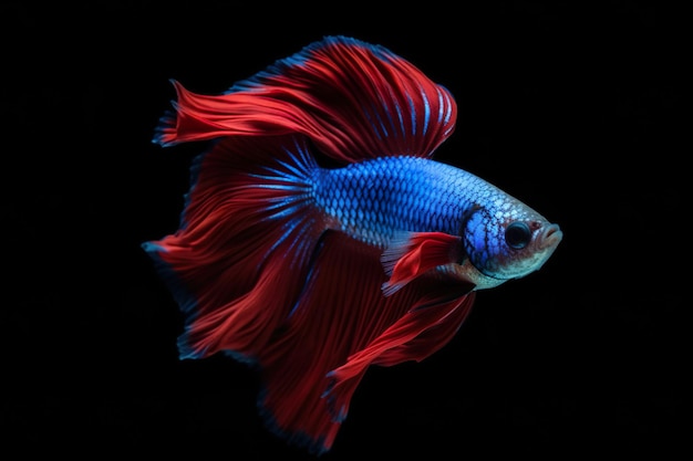 A blue and red siamese fighting fish with a black background