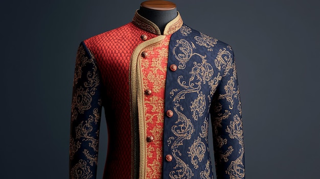 a blue and red suit with a red and gold design on the front