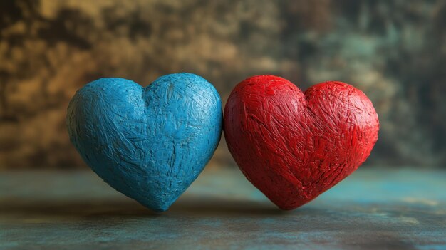 Photo blue and red textured hearts symbolizing love and attachment against abstract background