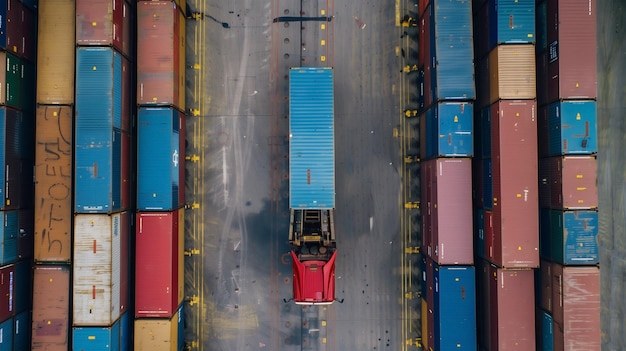 a blue and red truck is parked in a parking lot with other containers