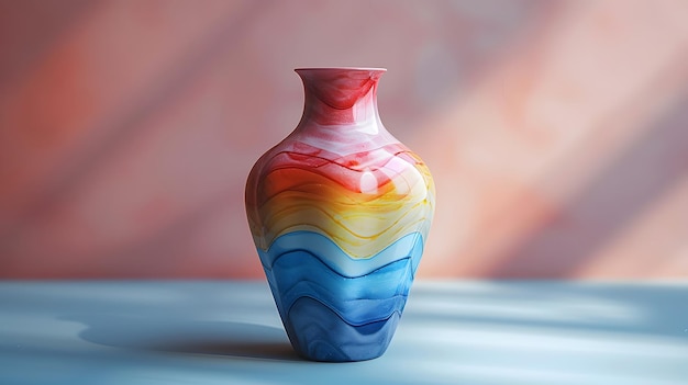 A blue and red vase with a white base sits on a table The vase is placed in front of a window