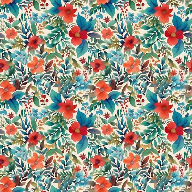 blue and red watercolor floral botanical seamless pattern