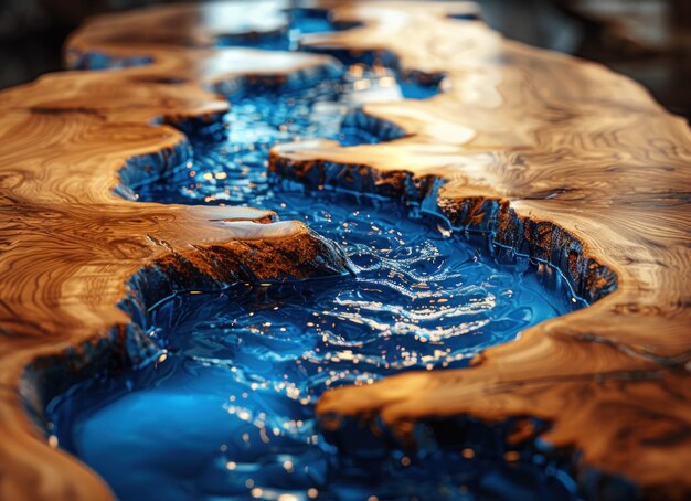 Photo blue resin river in a wooden tabletop