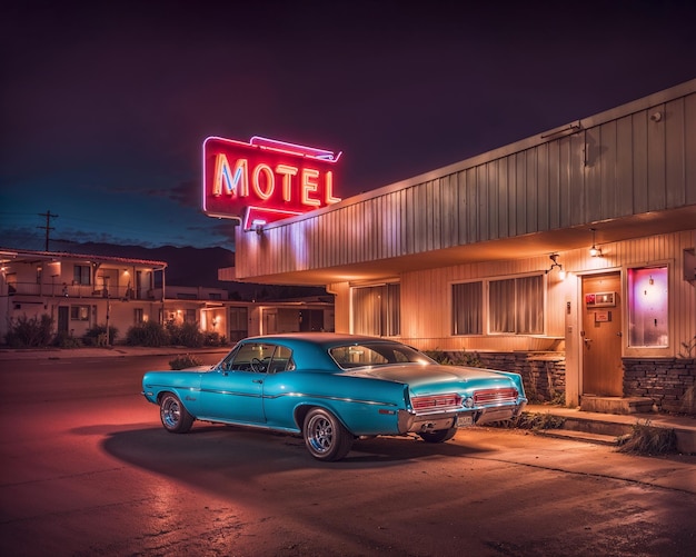 Blue retro car parked near the hotel