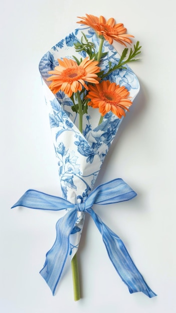 a blue ribbon with orange flowers on it is tied to a blue ribbon