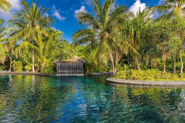 Blue ripped water reflection in tropical resort swimming pool, fresh green palm tree leaves, leisure