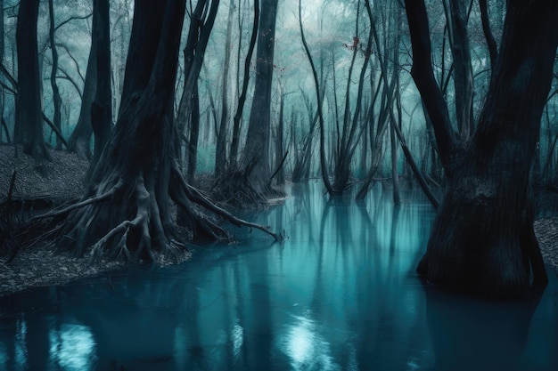 A blue river in a forest with trees and the moon