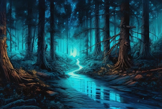 a blue road in the forest at night in the style of hyperrealistic illustrations