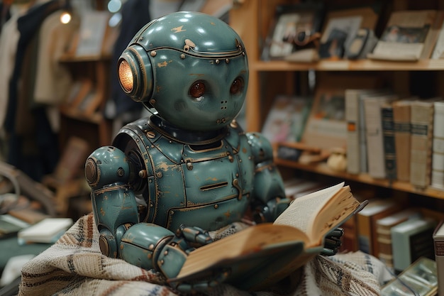 A blue robot is sitting in a room surrounded by books engrossed in reading a book