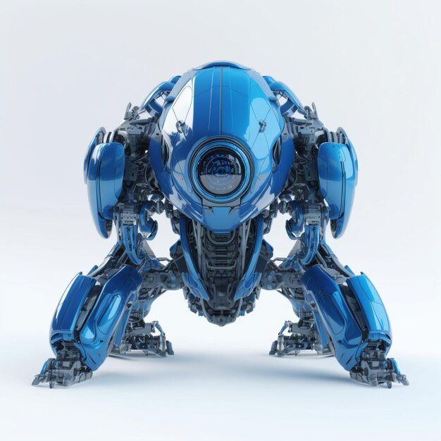 A blue robot with a camera on its face is standing on a white background.