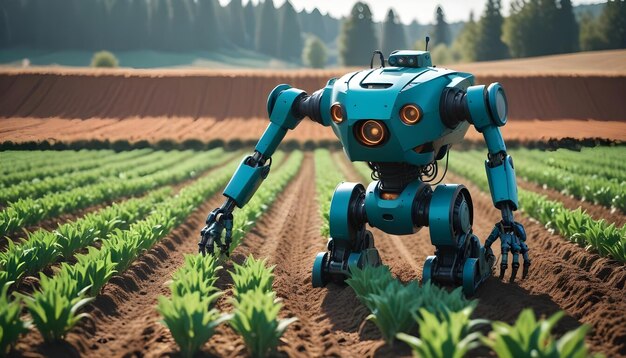 Photo a blue robot with eyes and eyes is standing in a field of crops